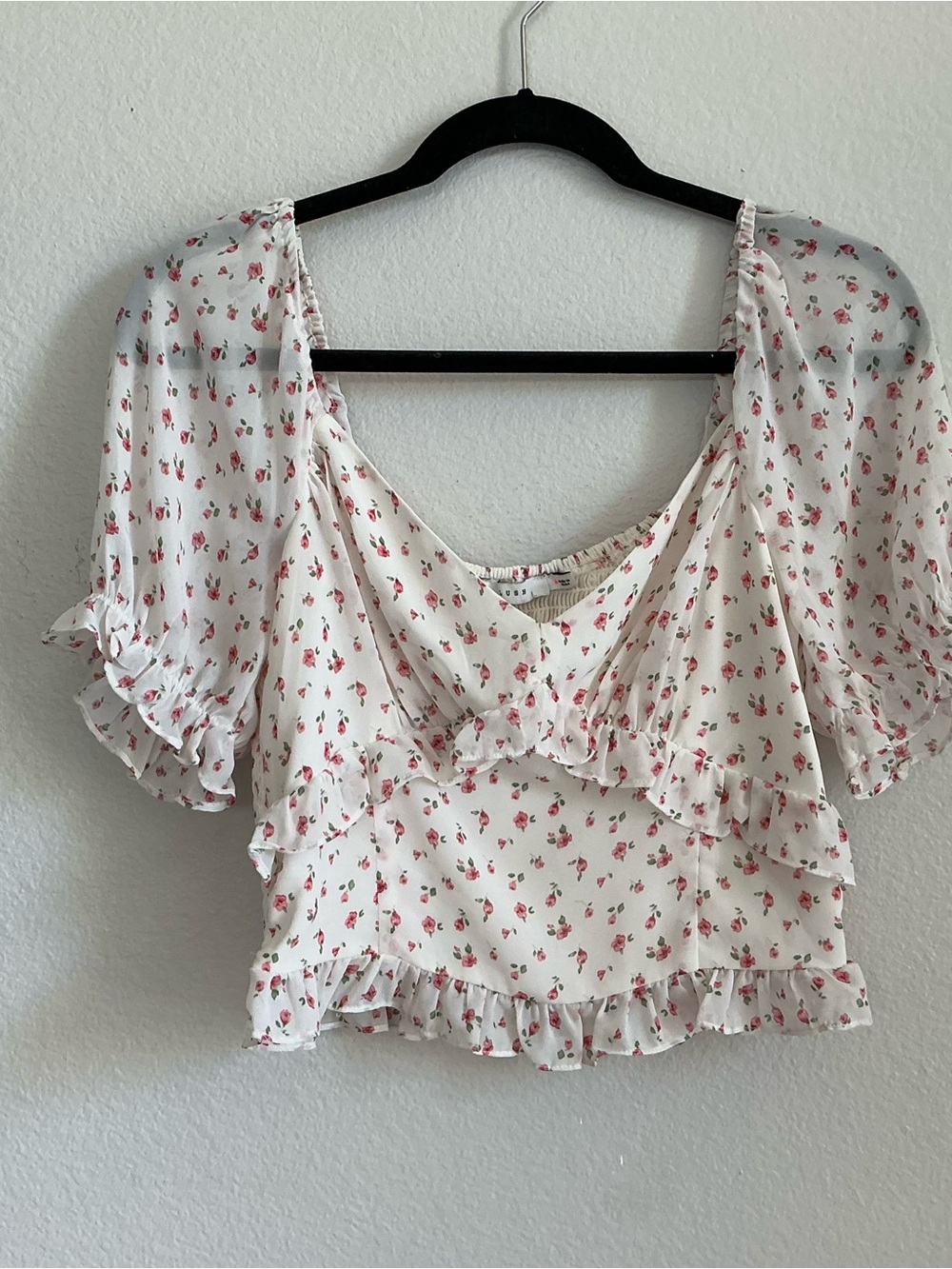 Floral Ruffle Crop Top - White with Pink Rose Print